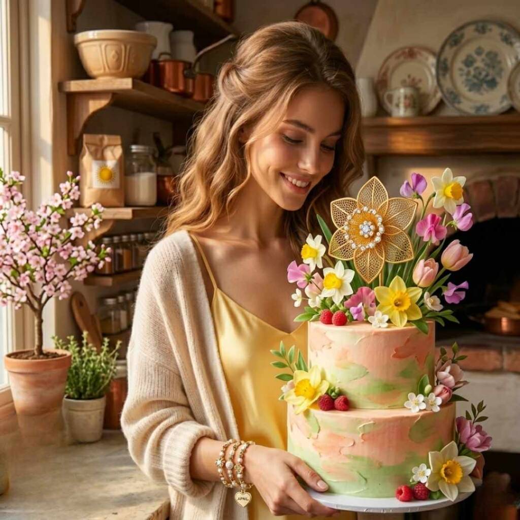 Родените през април: Пролетен огън и инат, който мести планини! Кадър, улавящ усмихната млада жена, държаща двуетажна торта с голямо златисто цвете и свежи малини в уютна домашна атмосфера, пресъздаващ радостта от личния празник на родените през април.