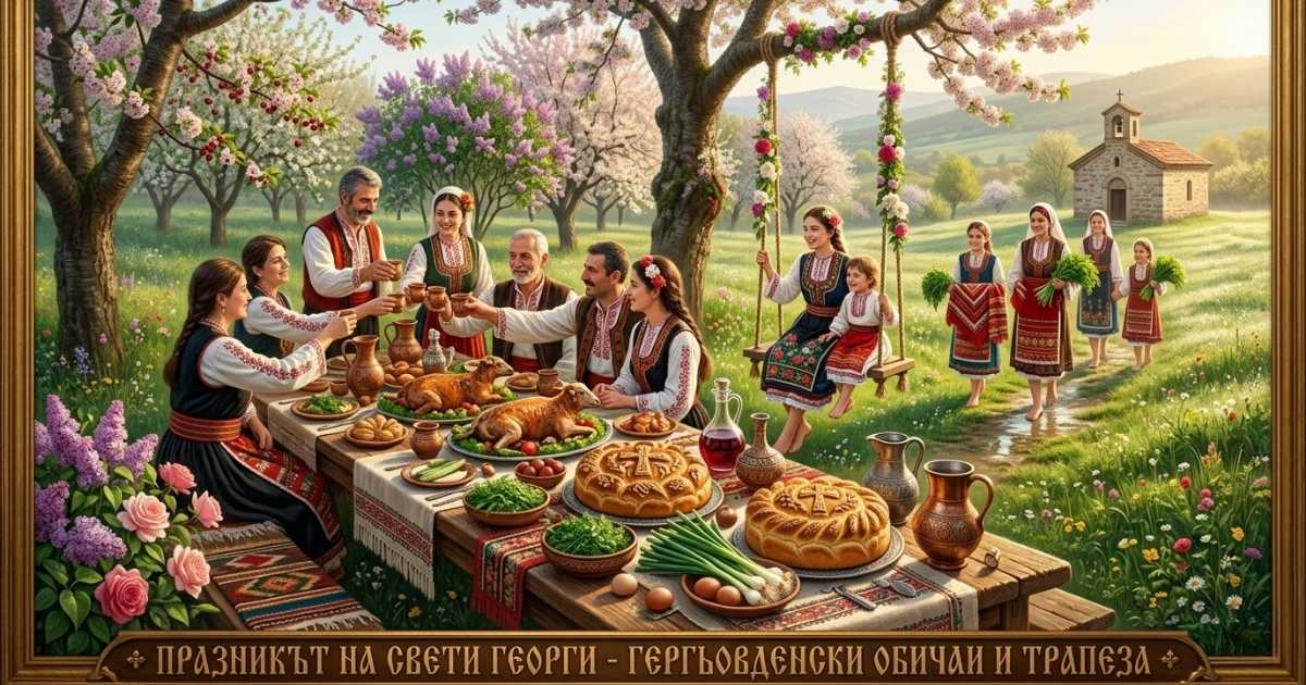 Илюстрация на момиче с цветен венец на люлка, агънце сред цветя и икона на Свети Георги на заден план.