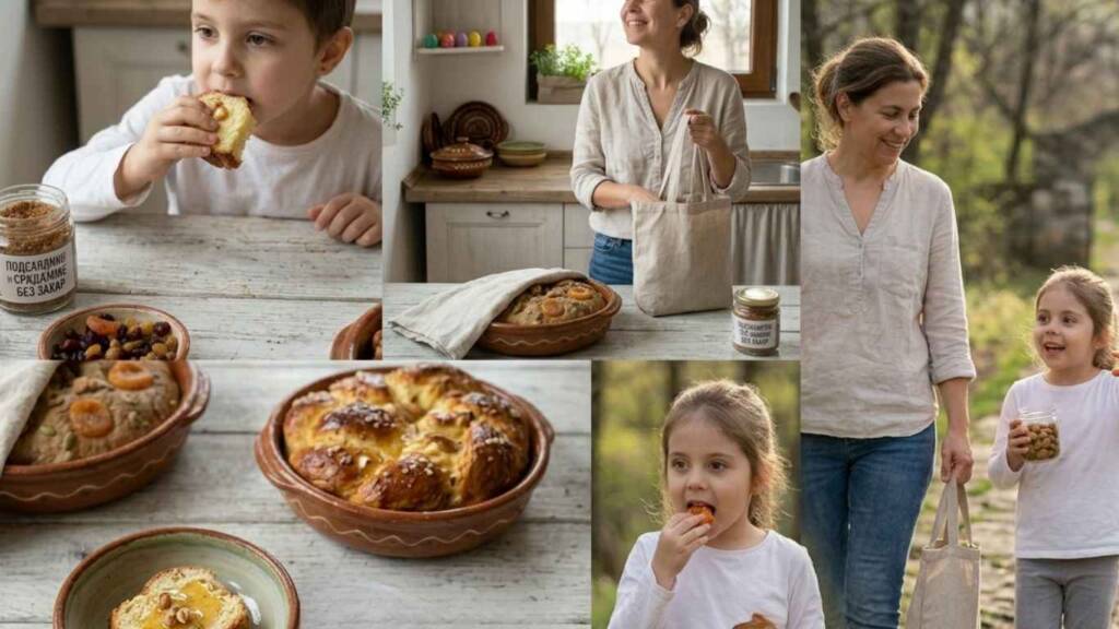 Козунак без вина: Стратегии за поддържане на теглото по време на великденските празници Колаж от кадри, показващи движение, подготовка и консумация на козунак без вина.