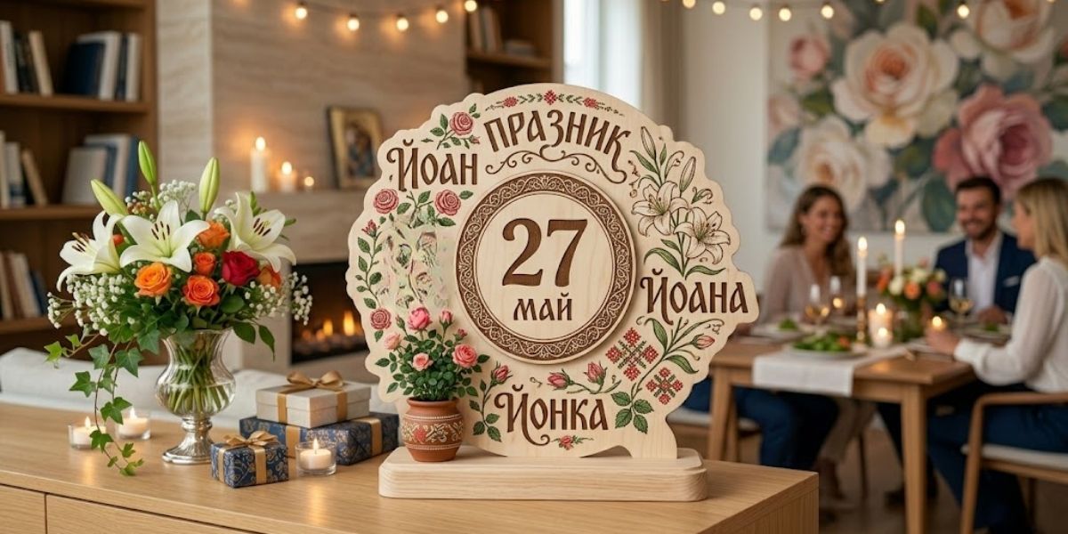 Имен ден Йоан: Какъв подарък да изберем и кои икони носят най-голяма закрила? Кръгла дървена табела с надпис Празник Йоан, Йоана, Йонка и дата 27 май, украсена с гравирани цветя и народни мотиви