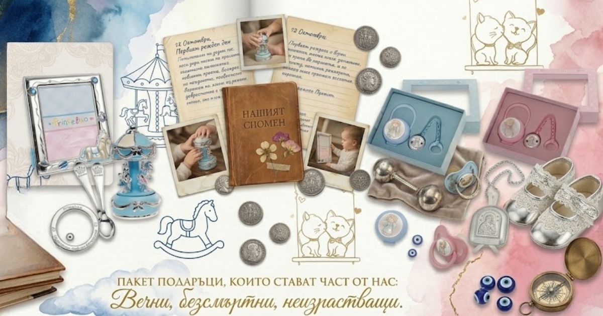 Първи юни е на прага ни: Защо сребърните сувенири и икони са подаръкът, който децата не израстват? Колаж от детски аксесоари: сребърна рамка, музикална въртележка, биберони, сребърни монети и обувки за първи юни