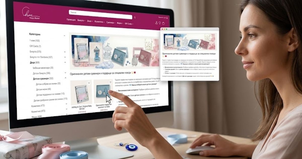 Първи юни е на прага ни: Защо сребърните сувенири и икони са подаръкът, който децата не израстват? Профил на жена, която сочи с пръст към компютърен екран с отворен онлайн магазин за първи юни