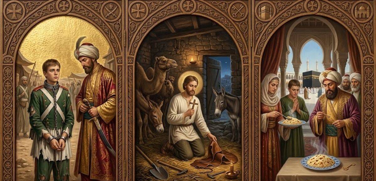 Имен ден Йоан: Какъв подарък да изберем и кои икони носят най-голяма закрила? Рисуван триптих с дърворезба, показващ три сцени: пленничество, молитва в обор с животни и хранене на бедни, свързани със Свети Йоан
