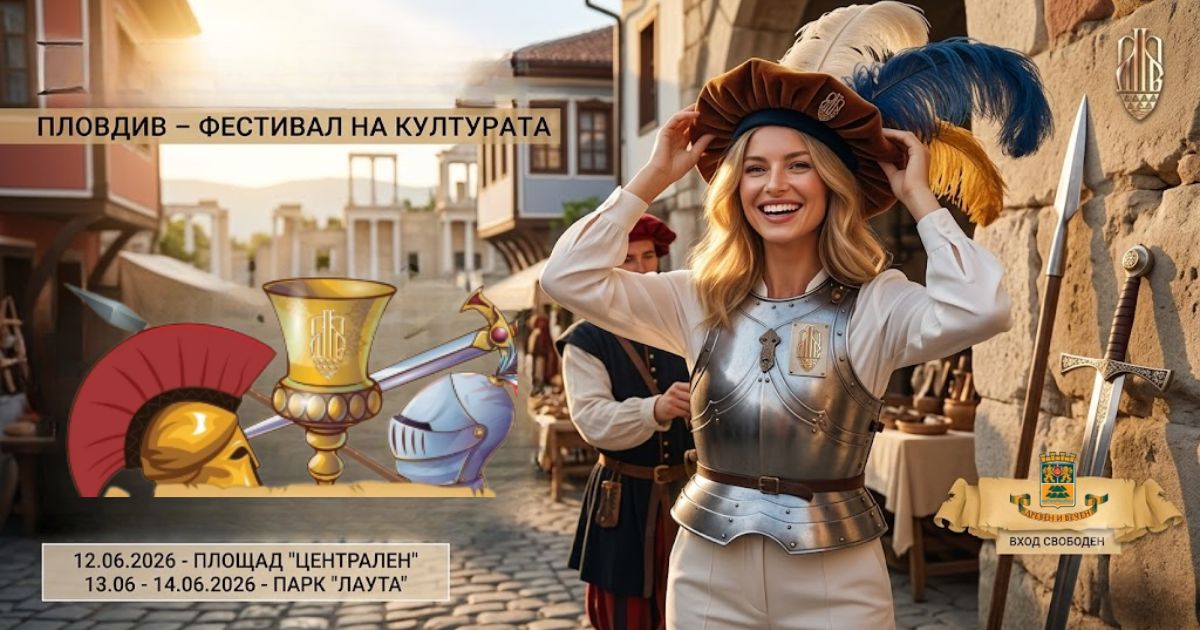 Пловдив – Фестивал за история и култура 2026: Зарязвам всичко следващия уикенд и буквално отивам да ставам рицар Плакат за Пловдив – Фестивал за история и култура 2026 с жена в средновековни доспехи и антични мотиви на заден план.