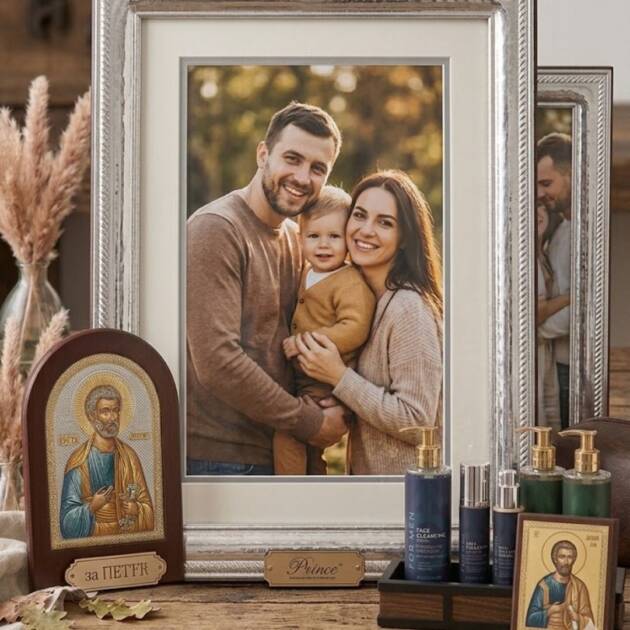Имен ден Петровден: Най-желаните подаръци за здраве, красота и небесна закрила Портрет на семейство в сребърна рамка до мъжка козметика и икона на Свети Петър за имен ден Петровден на масата