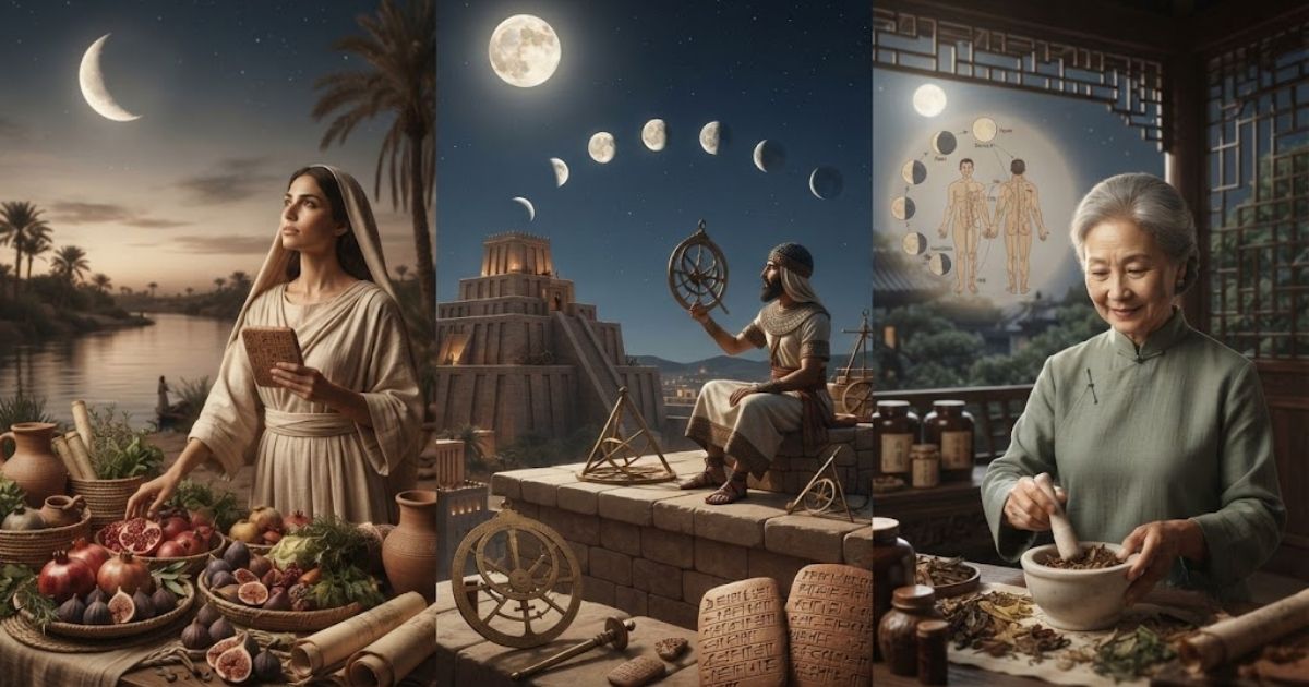 Лунна диета юли 2026: Пълният график и тайният съюзник срещу целулита, който удвоява ефекта Колаж от исторически сцени с наблюдение на лунни фази и приготвяне на билки за лунна диета юли 2026