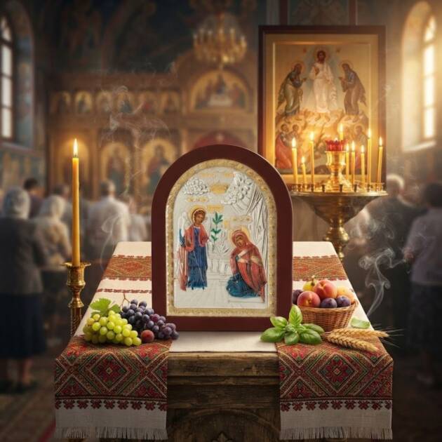 6 август (Преображение Господне): Коя икона за какво помага и какви чудеса върши? Икона на Благовещение, грозде и праскови на маса в храм за 6 август (Преображение Господне)