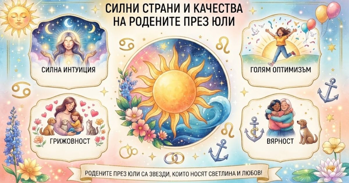 Родените през юли: Слънчев чар и емоции, които могат да преобърнат света! Инфографика, описваща основните качества и силни страни на родените през юли