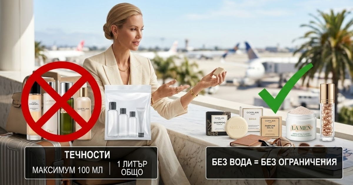 Ръчен багаж без компромиси: Как да вземете любимата си луксозна козметика на почивка, дори и без малки опаковки? Инфографика, показваща ограниченията за пренасяне на течности в ръчен багаж при самолетни полети