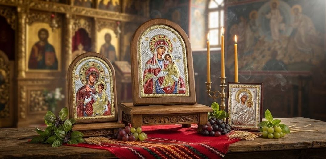 6 август (Преображение Господне): Коя икона за какво помага и какви чудеса върши? Сребърни икони, свещи и грозде на дървена маса за 6 август (Преображение Господне)