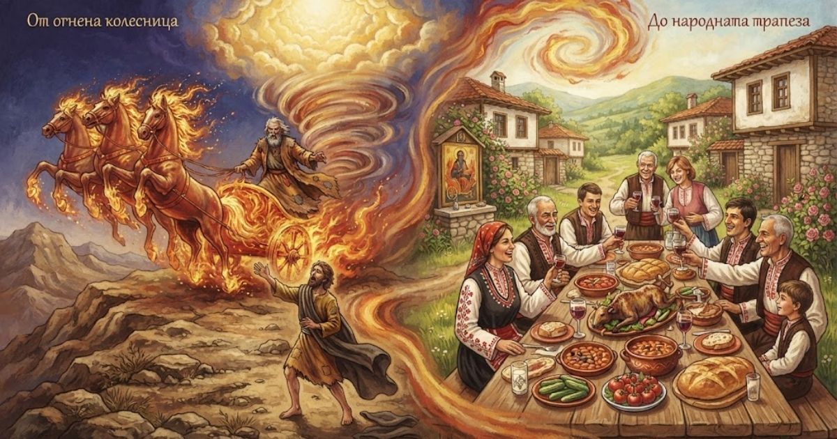 Кога е Илинден през 2026 г. и кои икони предпазват дома от гръмотевици? Рисунка на Свети Илия с огнена колесница и родова българска трапеза, показваща кога е Илинден