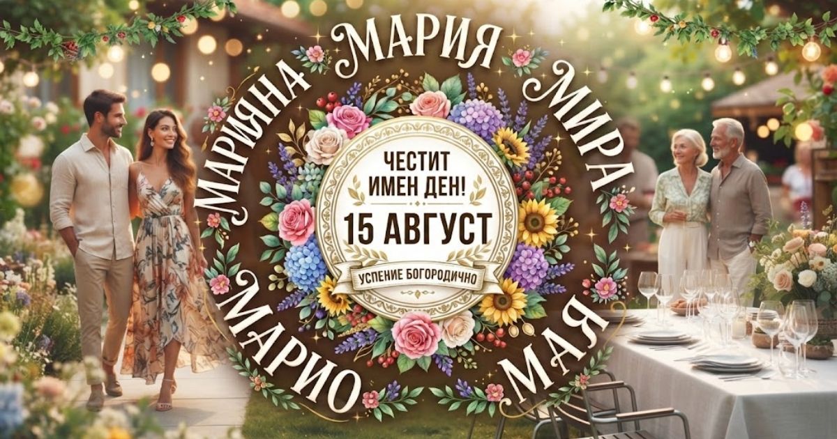 На 15 август имен ден празнуват хиляди българи: Ето кои са те и най-красивите пожелания за тях Цветен венец и поздравителен надпис за 15 август имен ден