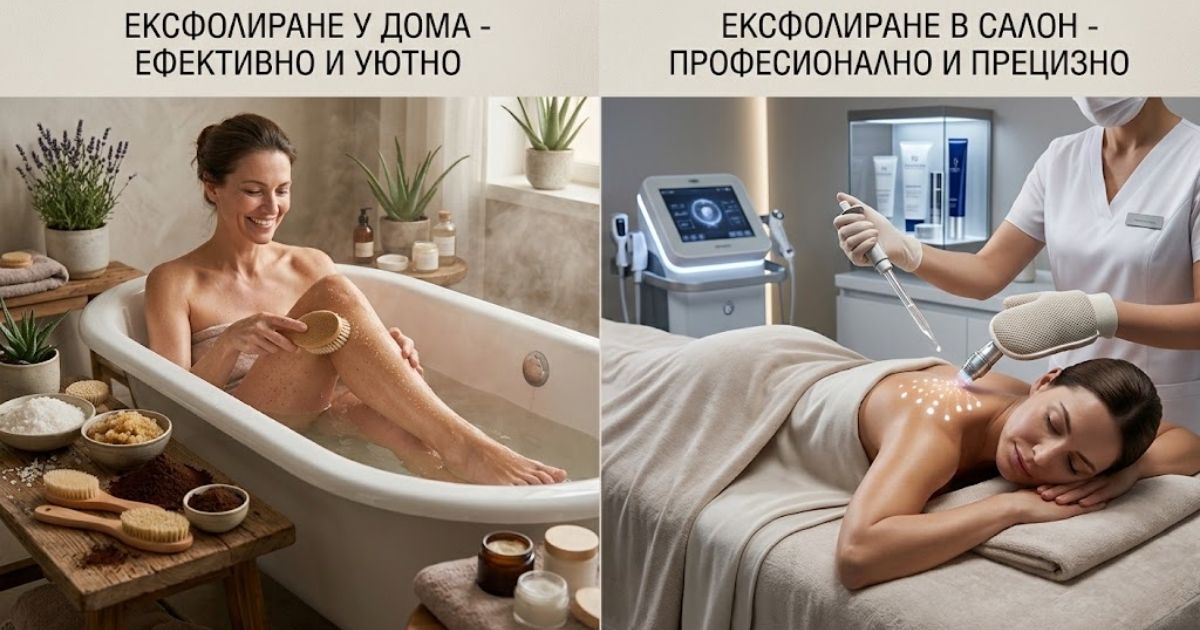 Тайната за кадифена кожа у дома: Как правилният ексфолиант за тяло замени скъпите спа процедури Сравнение между домашно нанасяне на ексфолиант за тяло и процедура в салон