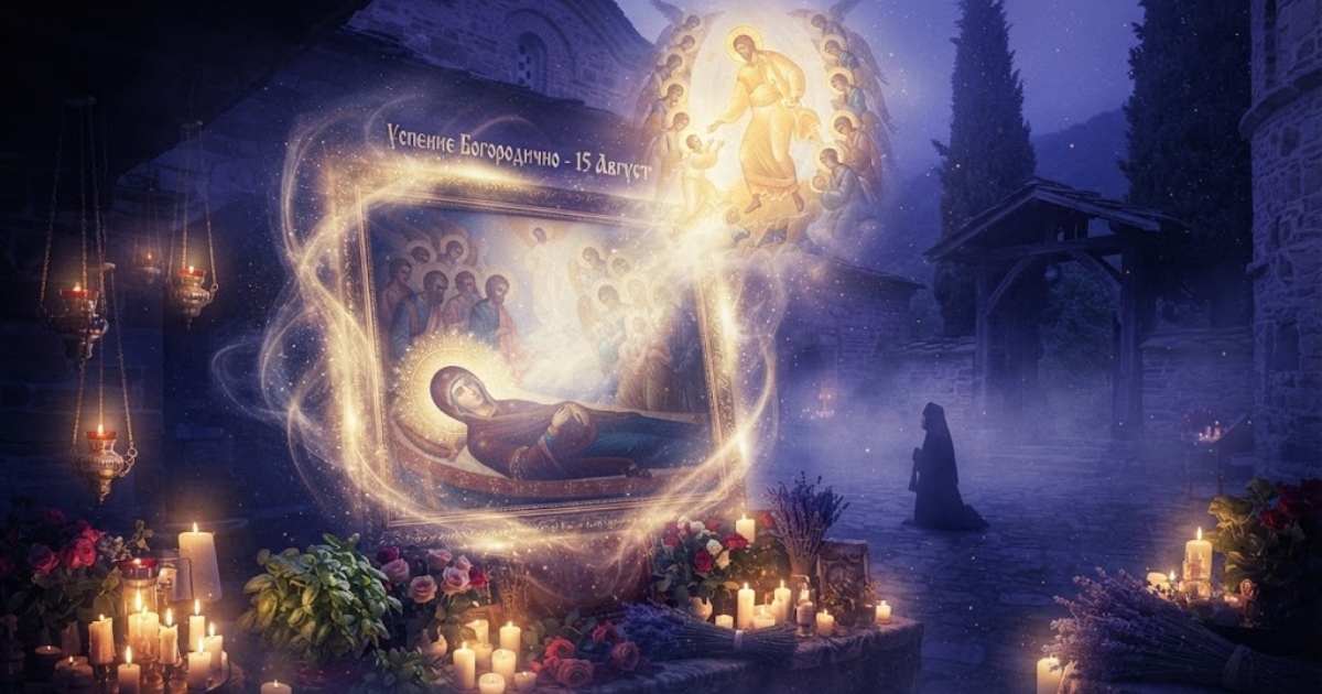 15 август (Света Богородица) – празник, който сплотява цялото семейство, и магията на иконата в дома Сцена на Успение Богородично с вярващи на 15 август (Света Богородица)
