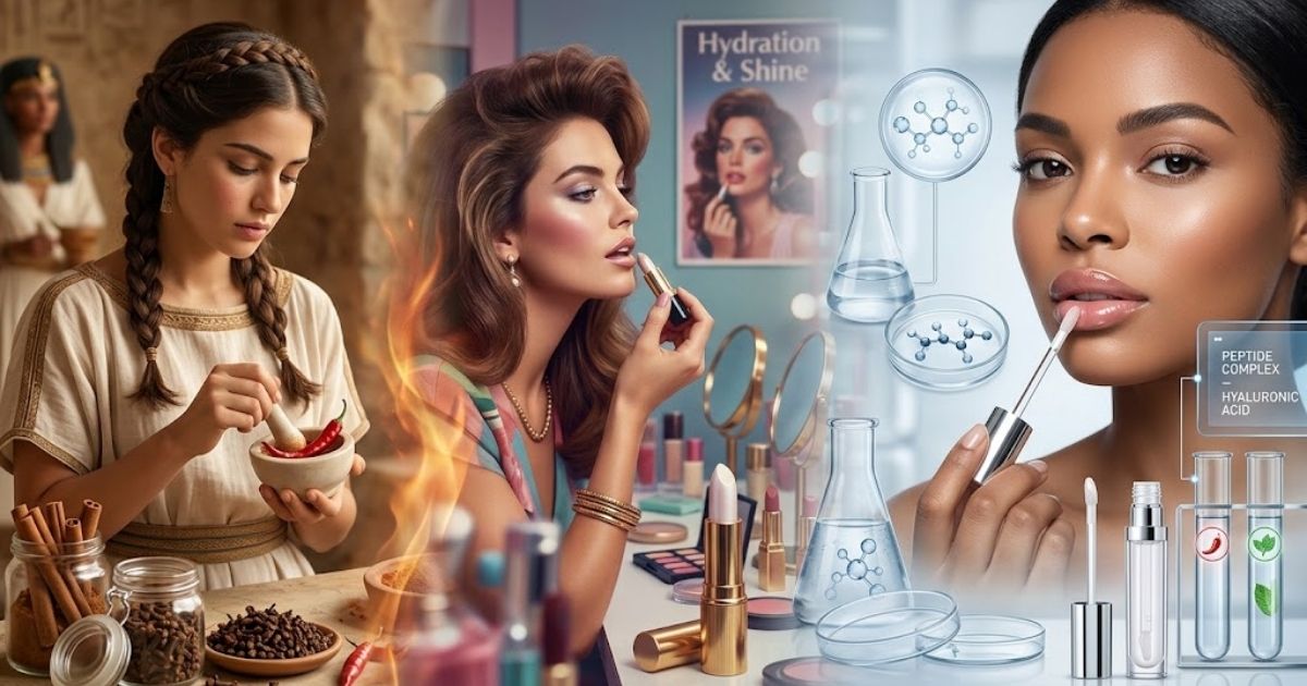 Спрете да харчите за филъри: Може ли един гланц за уголемяване на устни наистина да замести процедурите? Колаж, показващ исторически методи за грим и модерна лаборатория за гланц за уголемяване на устни.