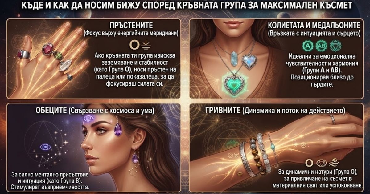Скандално точно: Как да носите правилното бижу според кръвната група за късмет Инфографика с правила къде да се носи всяко бижу според кръвната група за максимална енергия