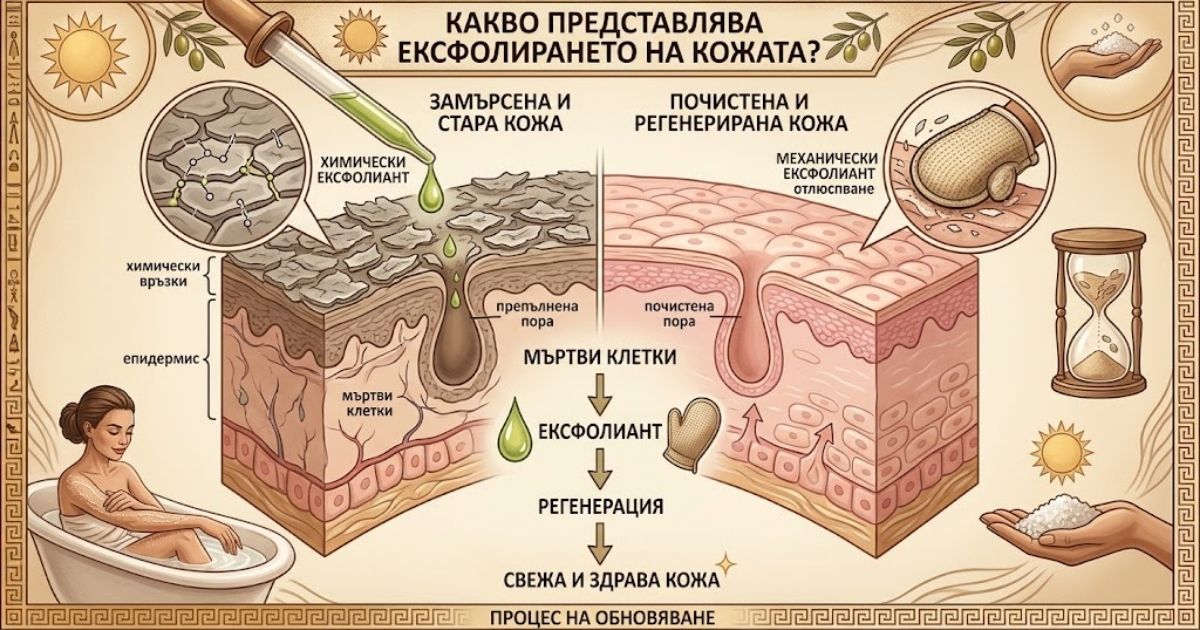 Тайната за кадифена кожа у дома: Как правилният ексфолиант за тяло замени скъпите спа процедури Инфографика за действието на химически и механичен ексфолиант за тяло