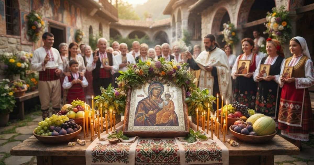 15 август (Света Богородица) – празник, който сплотява цялото семейство, и магията на иконата в дома Свещеник и богомолци около украсена икона на 15 август (Света Богородица)