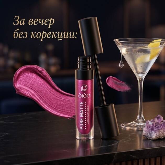 Най-доброто дълготрайно червило за сезона: Как да изберете правилния нюанс и формула Течно дълготрайно червило с перлен блясък, поставено на бар плоч до коктейлна чаша