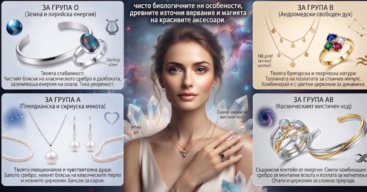 Скандално точно: Как да носите правилното бижу според кръвната група за късмет Табло с различни метали и камъни за избор на бижу според кръвната група A, B, AB и O