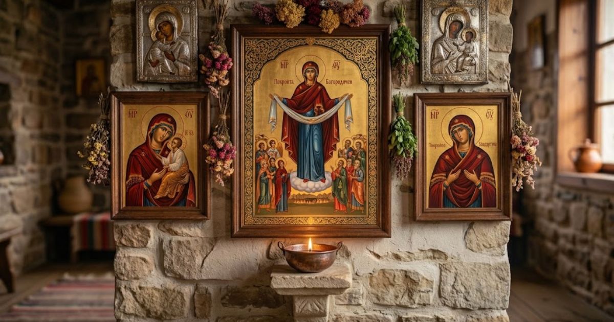1 октомври празник: Защо цяла България говори за този ден и какво всъщност отбелязваме? Каменна стена с православни икони и запалено кандило за 1 октомври (празник на Покров Богородичен).