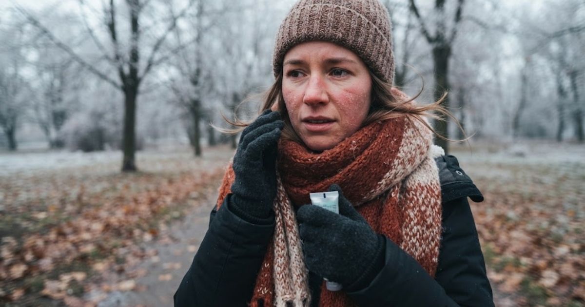 Суха кожа на лицето: Най-голямата грешка в грижата, която я съсипва, и как да върнете блясъка ѝ за дни Жена, която държи защитен крем срещу зимна суха кожа на лицето.