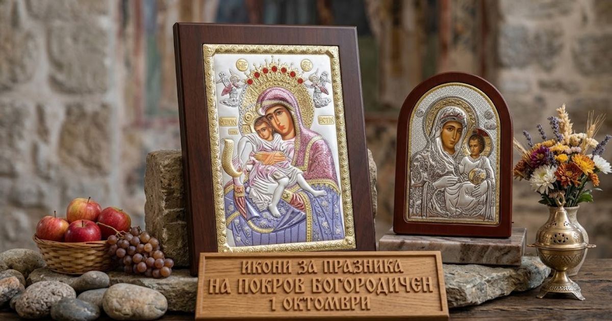 1 октомври празник: Защо цяла България говори за този ден и какво всъщност отбелязваме? Икони с Богородица и Младенеца, поставени до табела за 1 октомври (празник на Покров Богородичен)