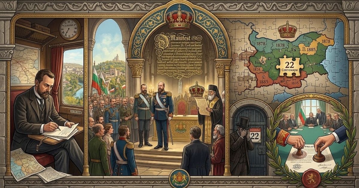 22 септември – празник на България: Бижутата, които носят символа на пълната независимост Пъзел от исторически моменти, показващ Фердинанд I и обявяването на 22 септември-празник на независимостта на България в тази илюстрация.