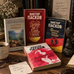 Виктор Пасков – писателят, когото не просто четеш, а преживяваш Подредени книги от Виктор Пасков върху дървено бюро с чаша кафе, лупа и мастилница
