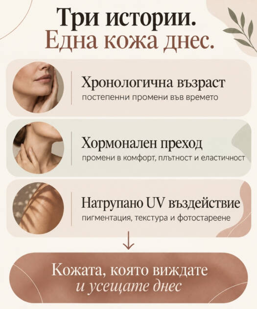 Грижа за кожата след 50: какво можем да вземем от новия италиански подход към красотата Инфографика за хронологична възраст, хормонален преход и UV въздействие върху кожата
