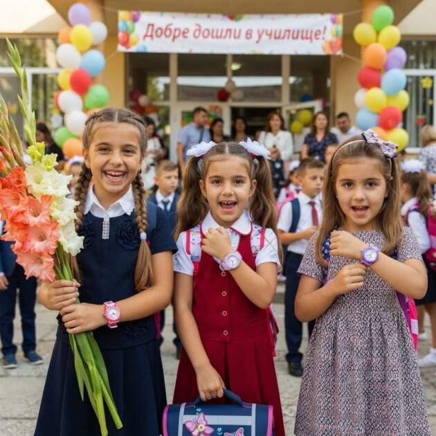 Най-полезният подарък за първи учебен ден: Вижте защо детските часовници са тоталният фаворит на родителите Три усмихнати ученички показват новите си часовници като подарък за първи учебен ден