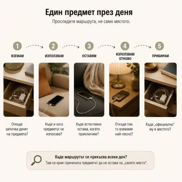 Подреждате, а все същите места пак се разхвърлят? Погледнете как използвате дома си Маршрут на една вещ през деня – откъде я вземаме, къде я използваме и оставяме