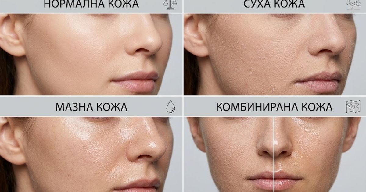 Суха кожа на лицето: Най-голямата грешка в грижата, която я съсипва, и как да върнете блясъка ѝ за дни Нагледно показване на нормална, мазна, комбинирана и суха кожа на лицето.