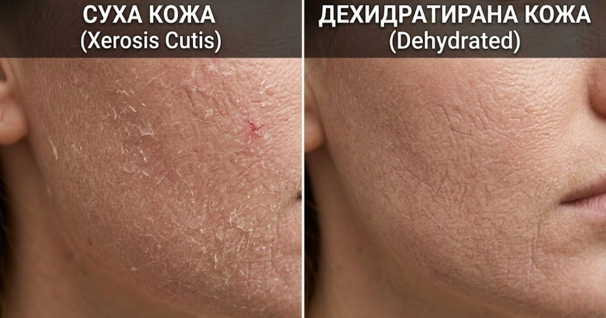 Суха кожа на лицето: Най-голямата грешка в грижата, която я съсипва, и как да върнете блясъка ѝ за дни Сравнение на текстурата между дехидратирана и суха кожа на лицето.