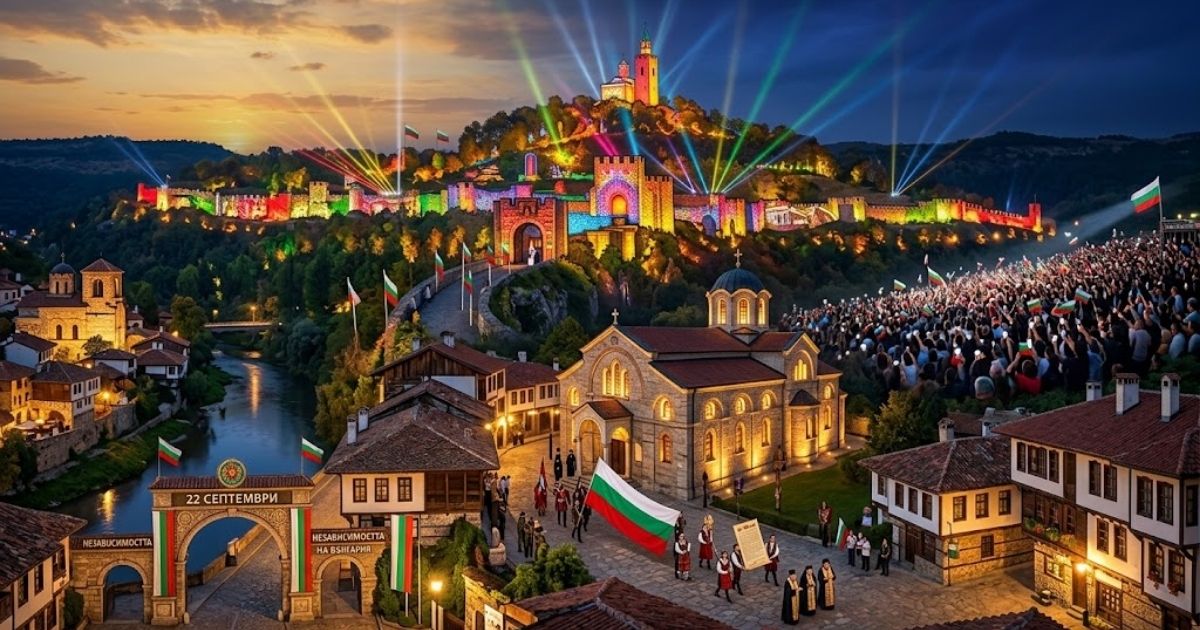 22 септември – празник на България: Бижутата, които носят символа на пълната независимост Величествен нощен кадър на крепостта Царевец, осветена от празнични светлини и лазери по време на честване.