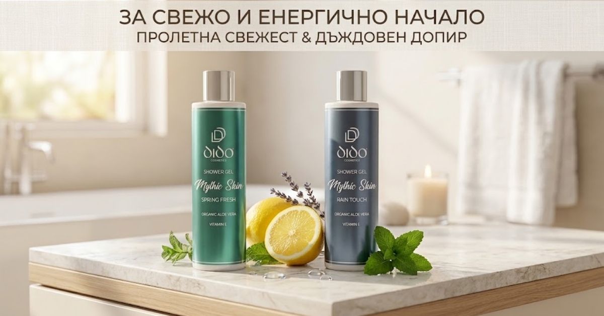 Кога е правилно да скочим под душа – сутрин или вечер? (И какъв душ гел ни трябва) Бутилки зелен и син душ гел Dido Mythic Skin с ухание на пролетна свежест и дъждовен допир