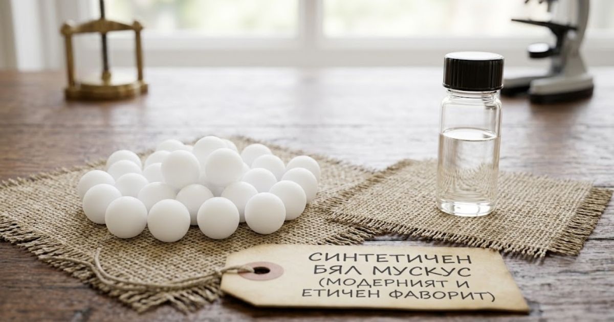 Мистерията бял мускус: Как мирише „най-чистият“ аромат и защо всички полудяха по него? Модерни чисти гранули и стъклено шишенце с етичен синтетичен бял мускус.
